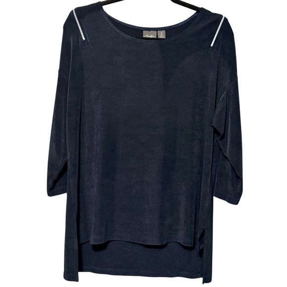 Chicos Travelers Very Dark Blue Black Zip Shoulder Slinky Stretchy Blouse - Picture 1 of 12